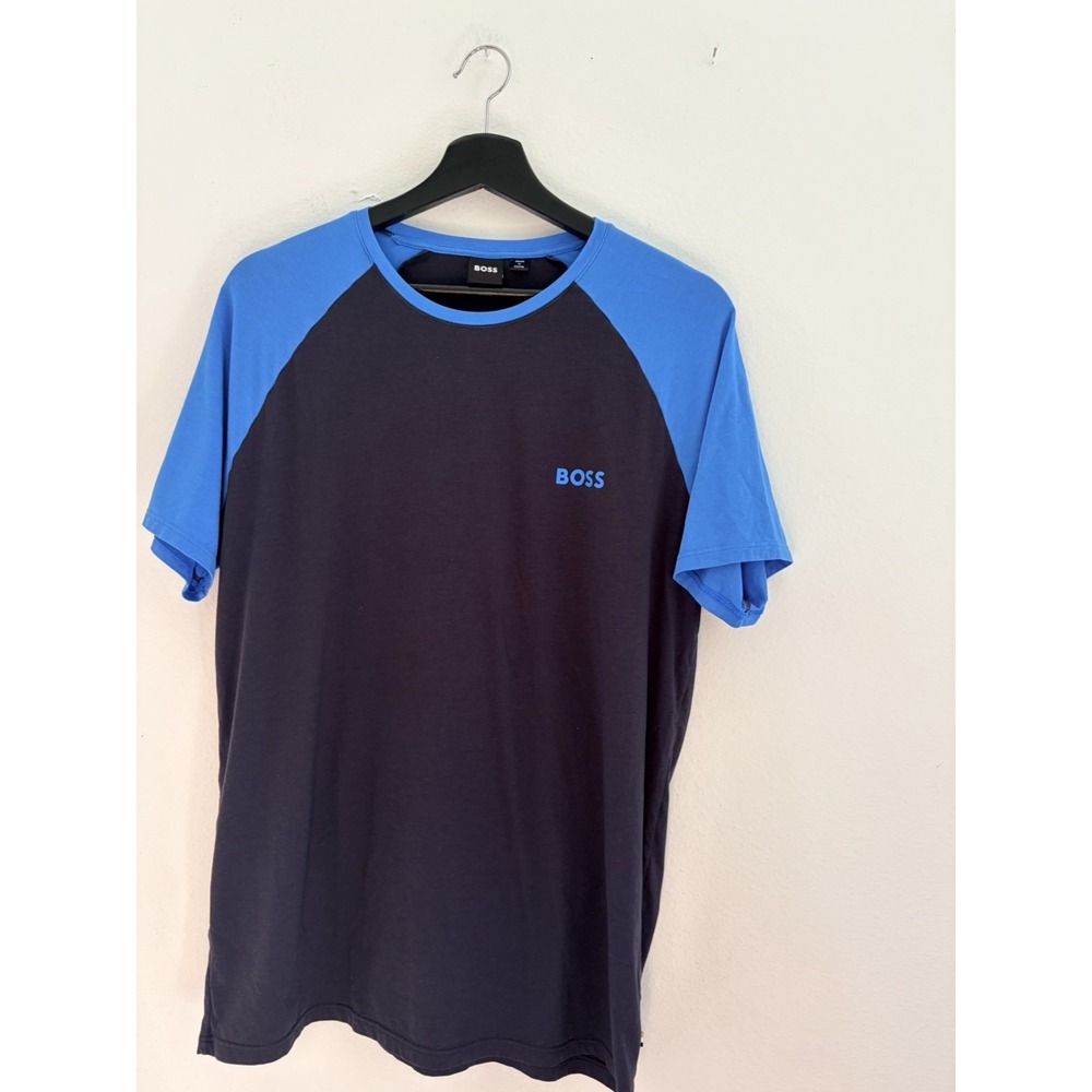 HUGO BOSS Mens T-Shirt Medium Black Blue Raglan Short Sleeve Crew Neck